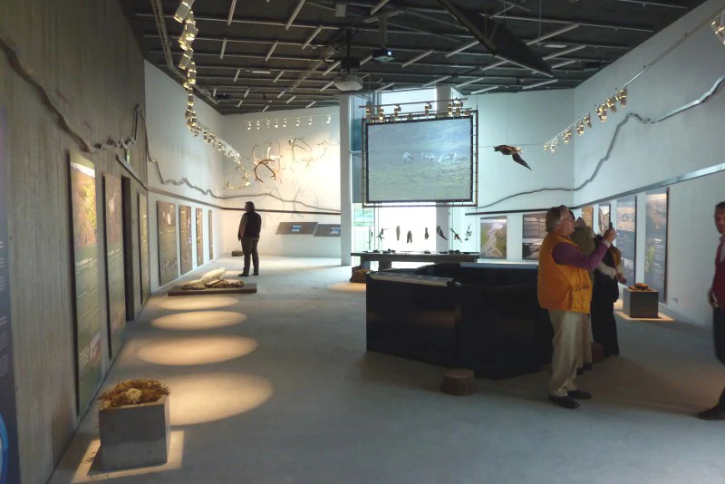 Indoor visitor center with exhibit panels, people interacting, and a large screen display
