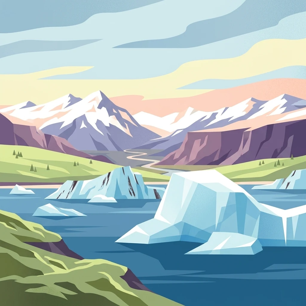 Ilustración estilizada que muestra icebergs flotando en agua azul con montañas y colinas verdes al fondo