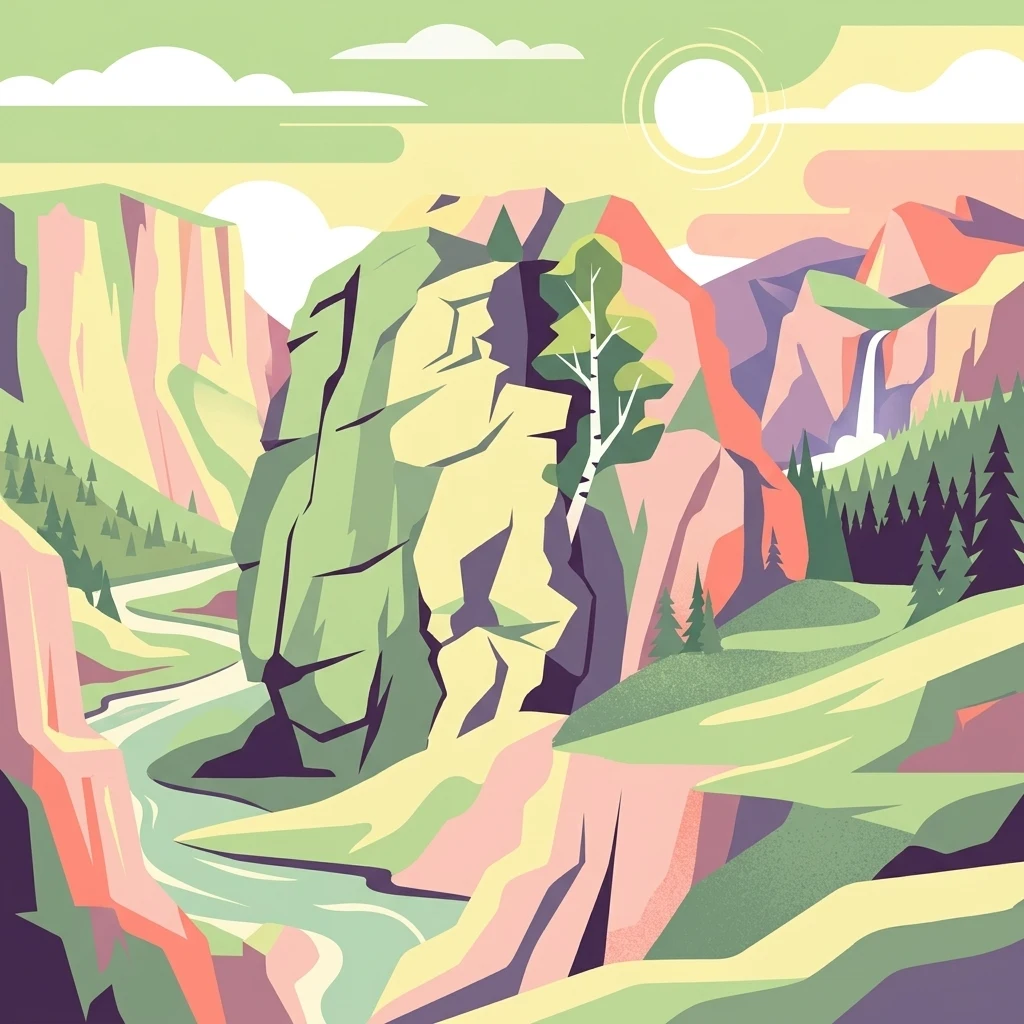 Vector illustration of a large rock formation in a canyon with a river flowing through it, pine trees, and a distant waterfall under a stylized sun.