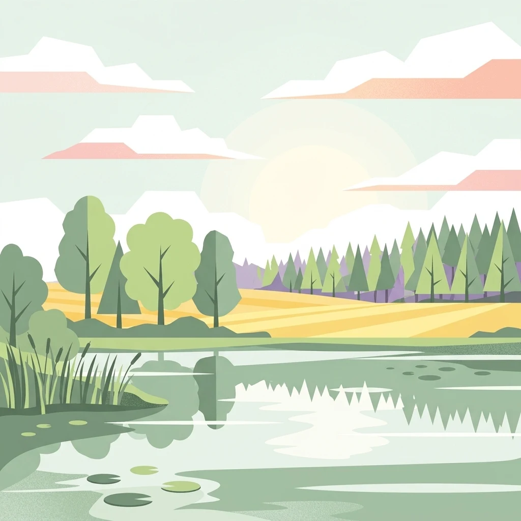 A flat vector illustration of a calm pond with lily pads in the foreground, backed by green trees, a grassy meadow, and a forest under a soft, cloudy sky.