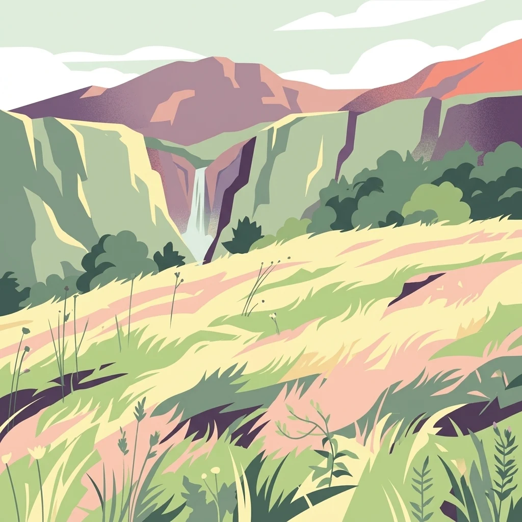 A digital illustration showing a grassy field in the foreground with rocky mountains, a small waterfall in the middle distance, and a soft, muted color palette.