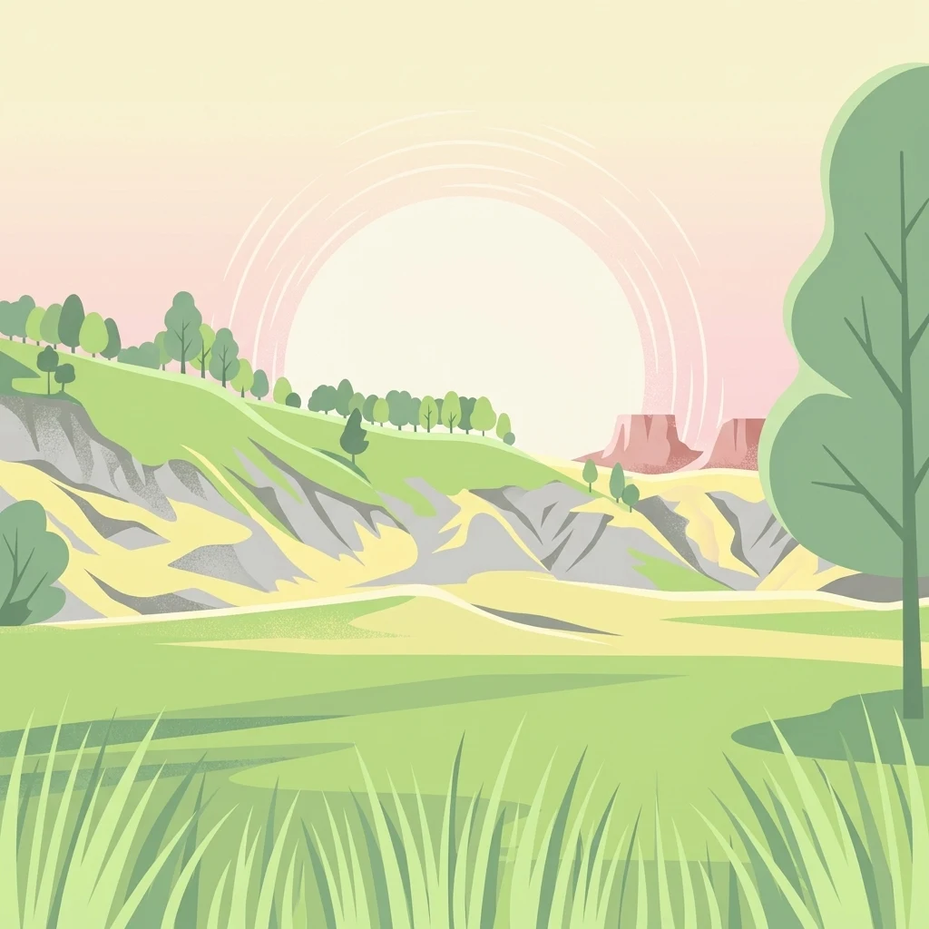 A flat vector-style illustration of a green, rolling landscape with rocky outcroppings, sparse trees, and a large sun in a soft-toned sky.
