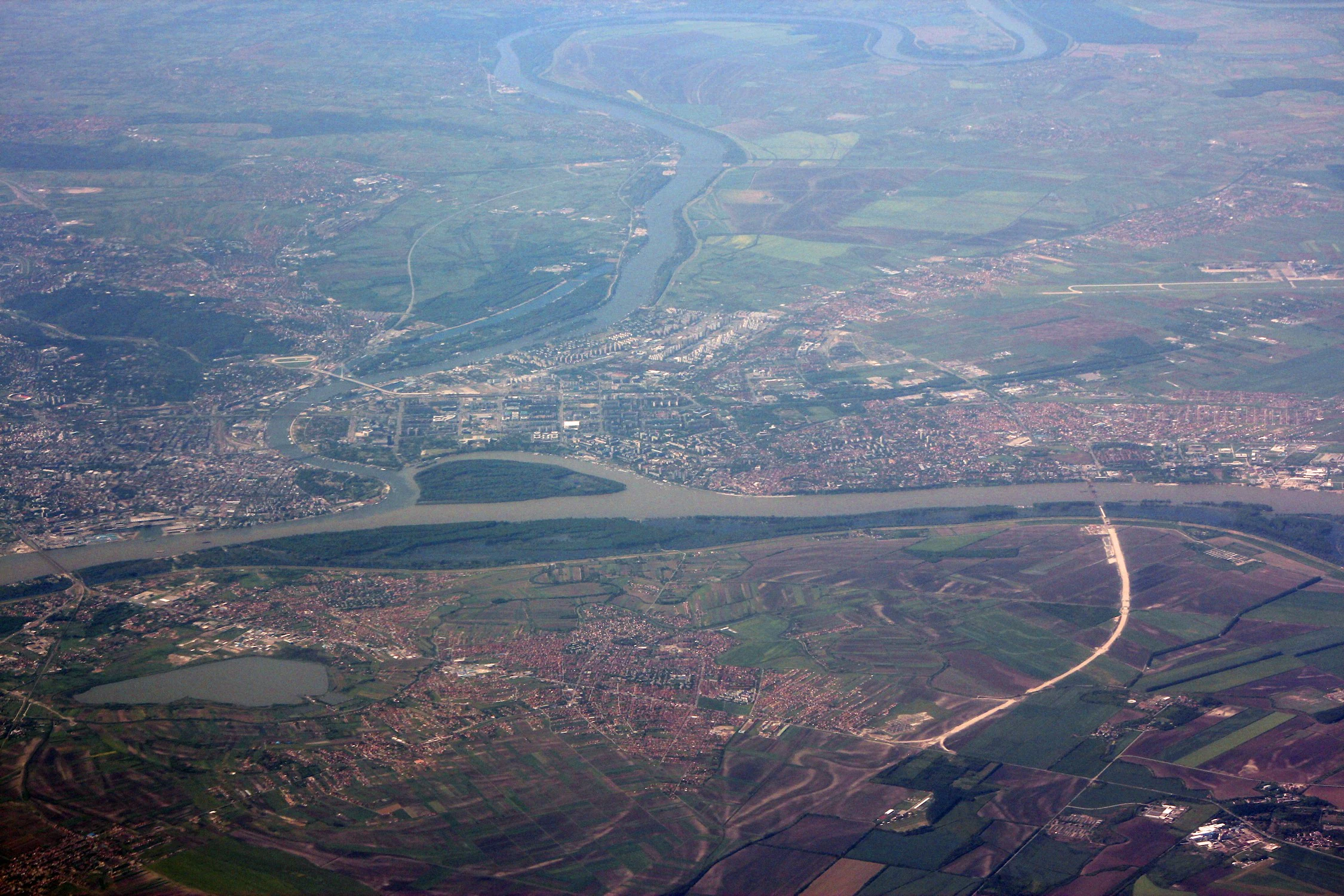 Aerial view of the Sava and Danube rivers confluence near Belgrade, Serbia