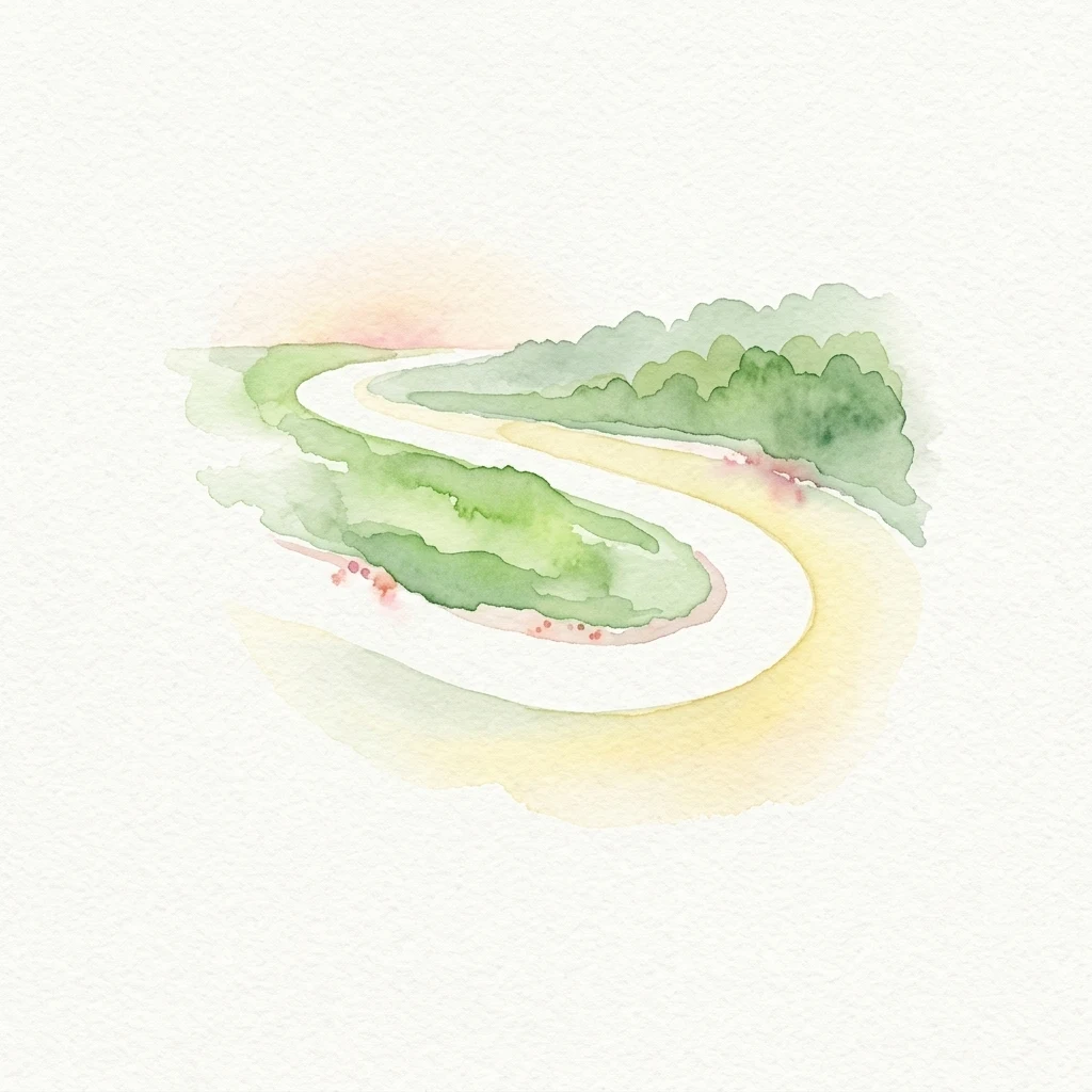 Watercolor illustration of a winding road through green landscape with trees and grass