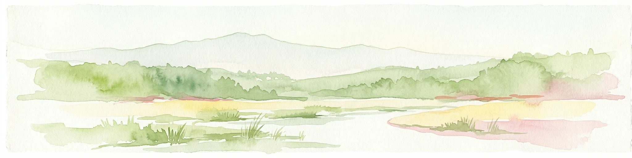 Pintura de acuarela que muestra un río, áreas de hierba y colinas boscosas al fondo