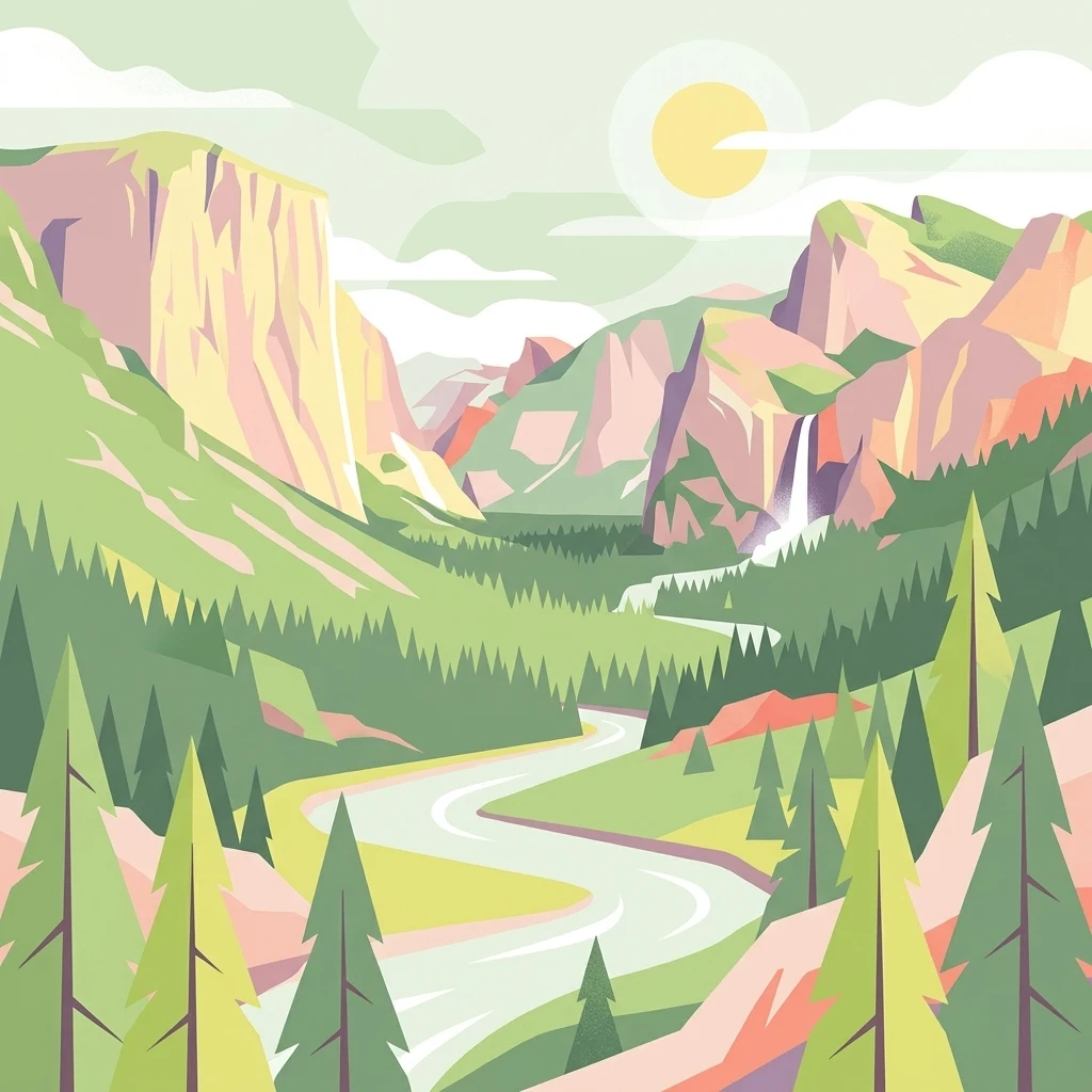 A digital illustration showing a mountain valley landscape with a winding river, evergreen forest, cliffs, and a small waterfall in the distance under a sunny sky.