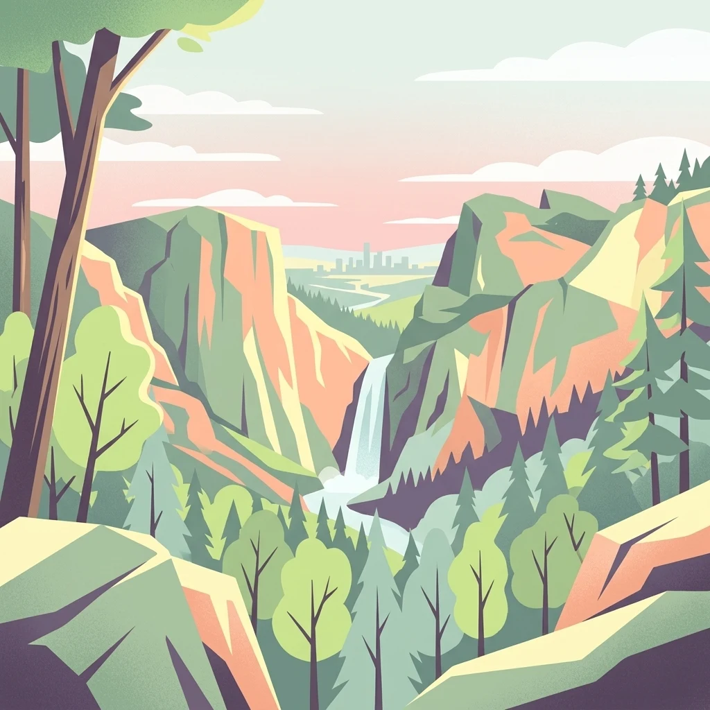 A flat-style digital illustration showing a valley framed by rocky cliffs and evergreen trees, with a waterfall cascading in the center and a distant city skyline visible on the horizon.