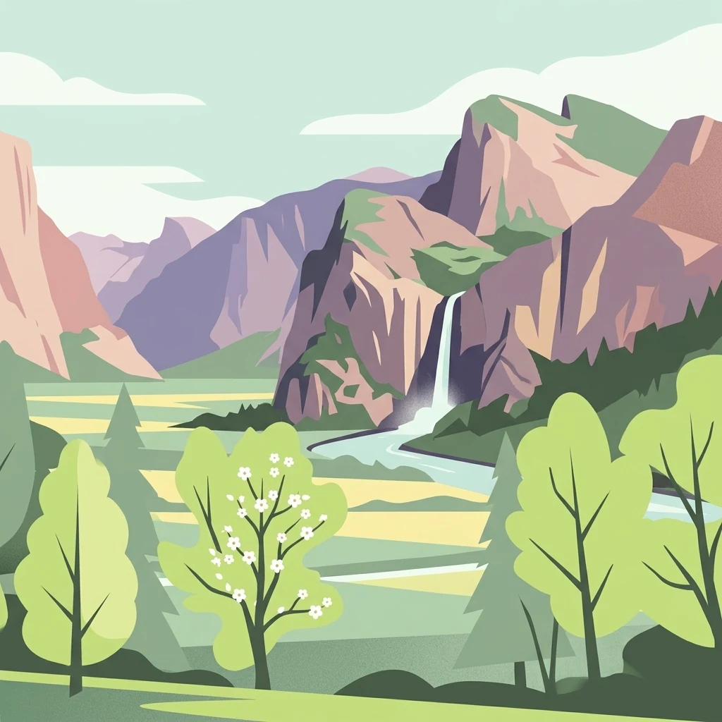Una ilustración digital de estilo plano de un valle entre montañas rocosas, con una cascada que fluye hacia un río y árboles en primer plano con follaje verde claro.