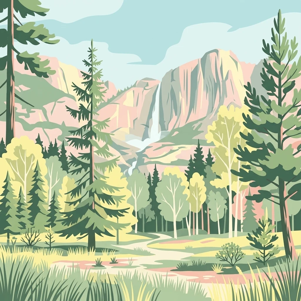 A stylized digital illustration of a mountain landscape with a tall, thin waterfall cascading down a cliff face, surrounded by pine and deciduous trees and tall grasses in the foreground.