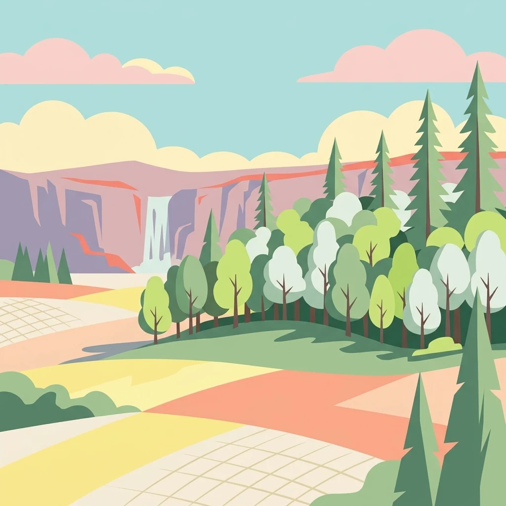 A flat vector style digital illustration of a scenic natural landscape showing a waterfall cascading from a cliff behind a forest of green trees with a grassy foreground and a pale blue sky with clouds.