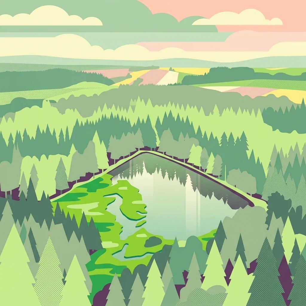 A flat-style vector illustration showing a small lake or pond surrounded by a dense green forest, with gentle rolling hills and a pastel sunset in the background.