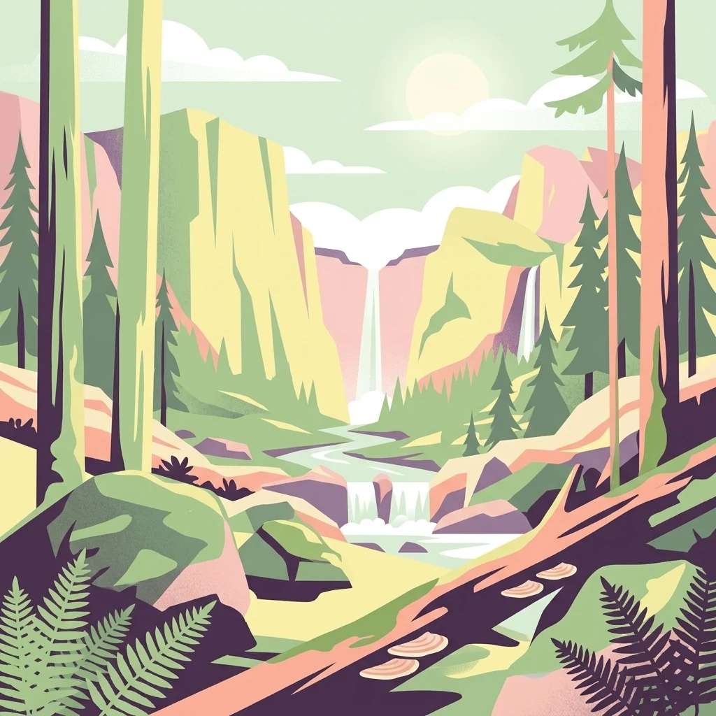 A stylized vector illustration of a valley between steep rock cliffs, featuring two waterfalls, a river flowing through the center, surrounding pine forest, and ferns in the foreground.
