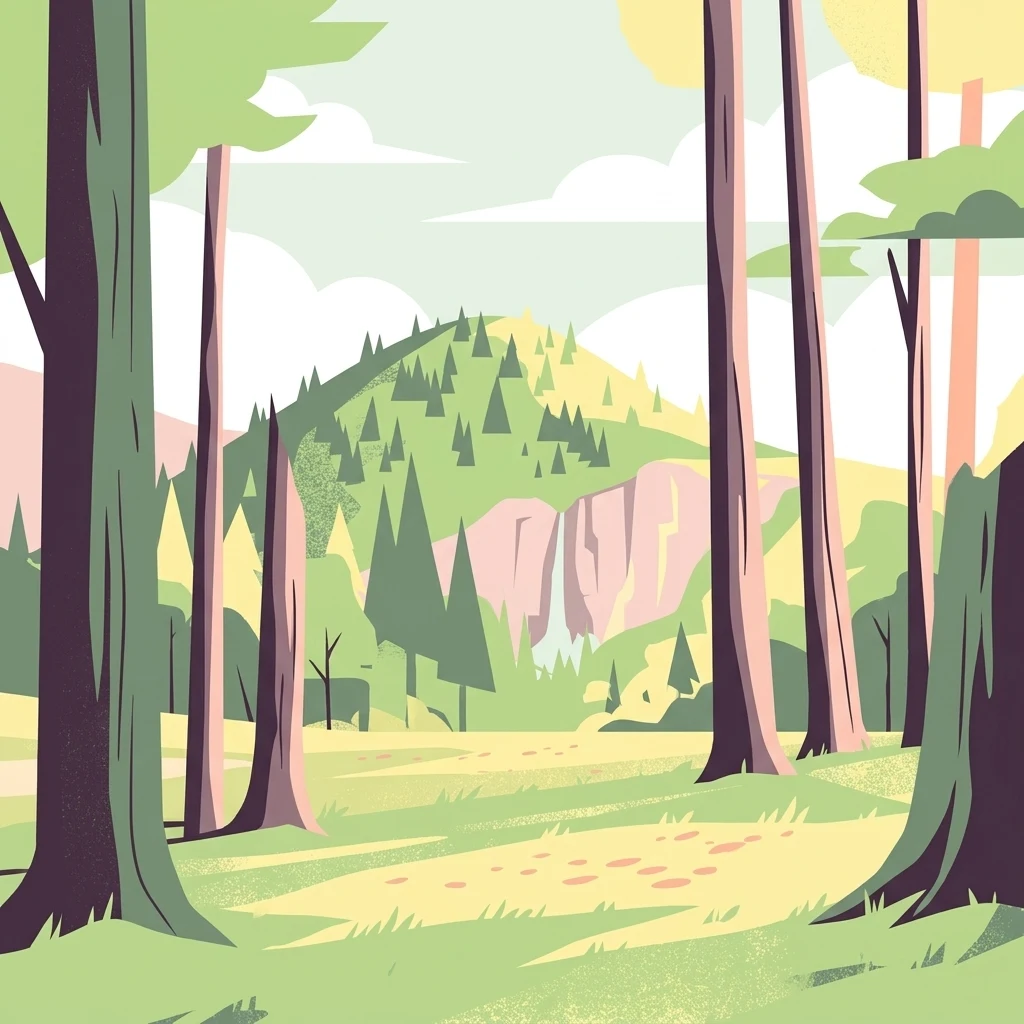 Una ilustración digital estilizada de diseño plano que representa un claro en el bosque con grandes troncos de árbol en primer plano, mirando hacia una colina boscosa con una pequeña cascada en un acantilado al fondo.