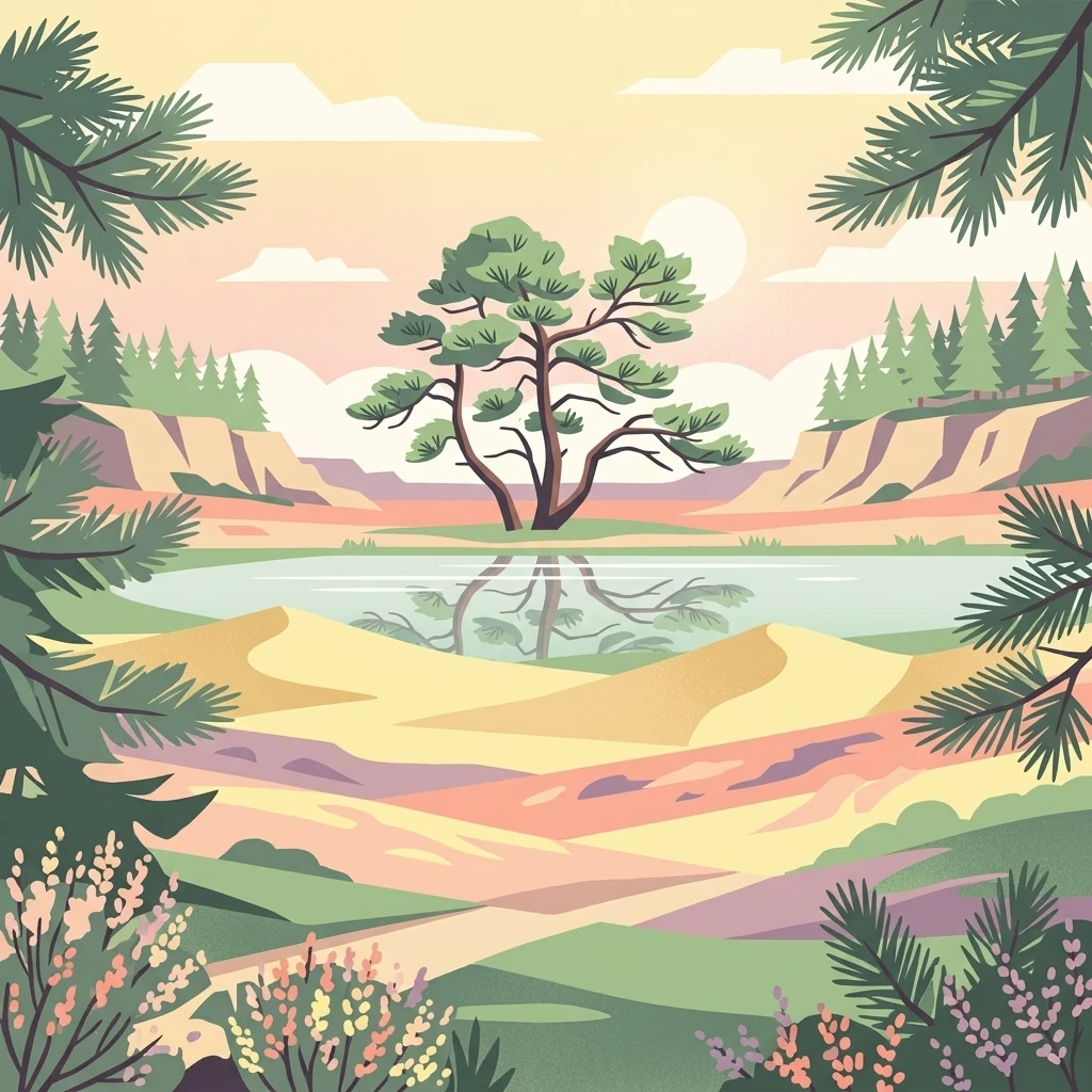 A digital illustration depicting a calm pond reflecting a solitary tree, set amidst sandy dunes and rolling hills under a soft sunset sky, framed by evergreen boughs.