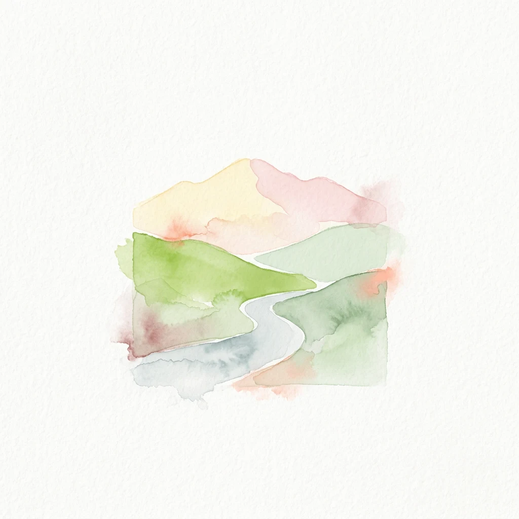 Watercolor painting depicting green hills, a winding river, and pastel-colored mountain ranges in the background