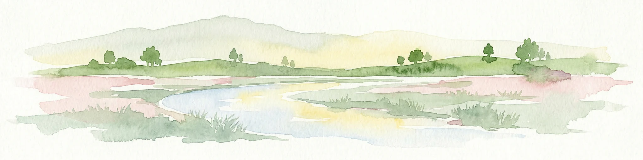 Ilustración en acuarela de un paisaje de parque con un arroyo serpenteante, prados y colinas distantes