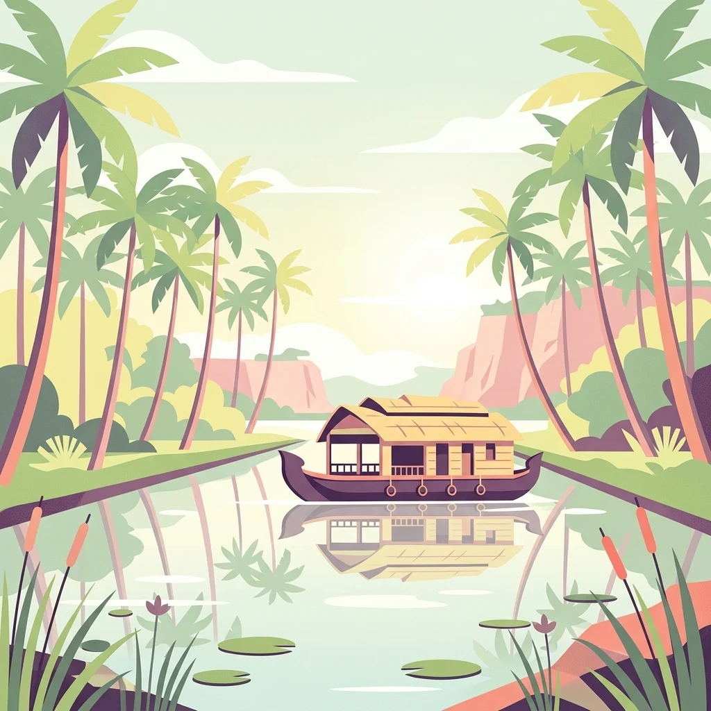 Ilustración vectorial digital de una casa flotante tradicional de Kerala en un canal bordeado de palmeras.