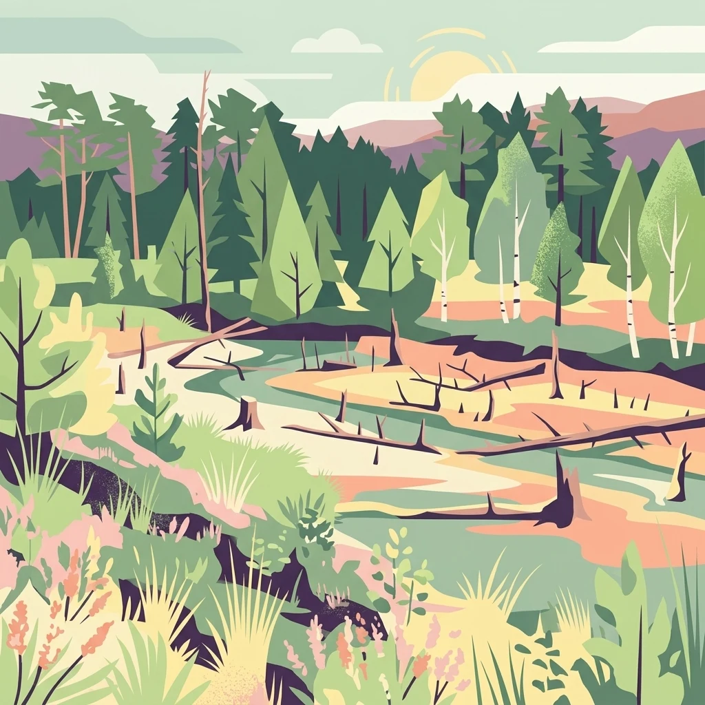 Una ilustración vectorial de estilo plano de un paisaje de turbera con zonas pantanosas, troncos caídos y árboles dispersos de coníferas y abedules bajo un sol poniente.