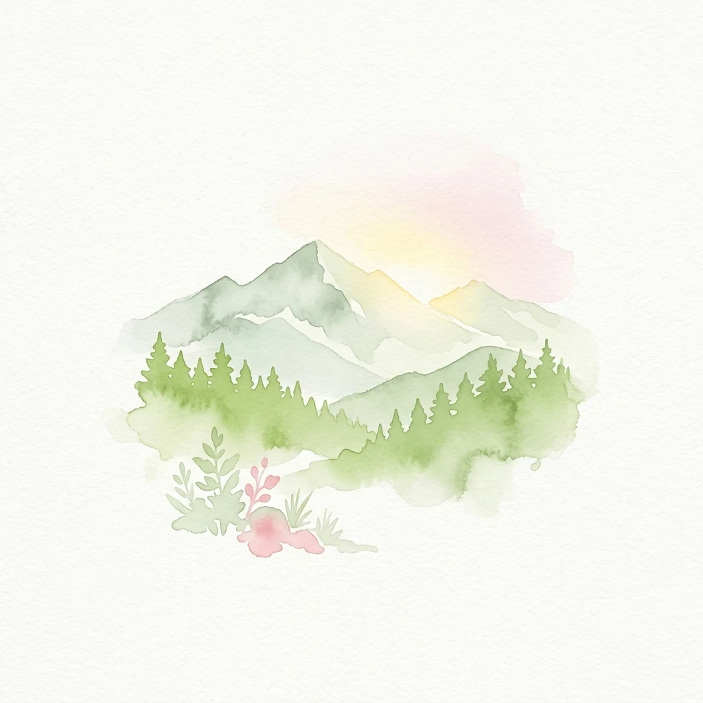 Pintura de acuarela de montañas verdes, bosque de hoja perenne y cielo teñido de rosa al atardecer