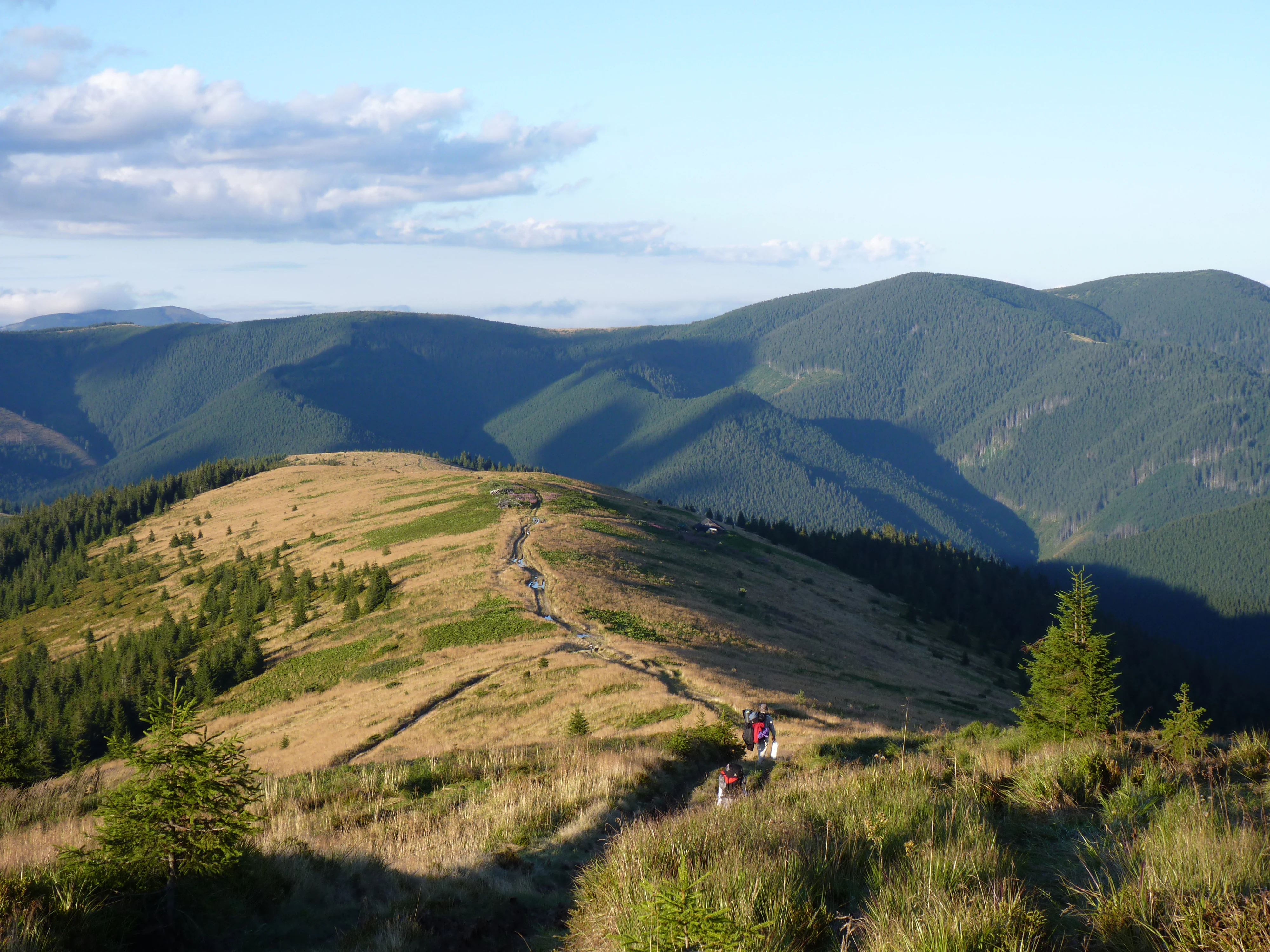 A scenic road ascending a grassy hillside with rolling mountains and forests under a partly cloudy sky.