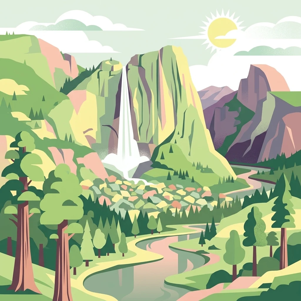 Una ilustración digital de estilo plano que representa un vasto valle montañoso con una alta cascada que se precipita por un acantilado, un río serpenteante en primer plano y bosques de coníferas bajo un sol brillante.