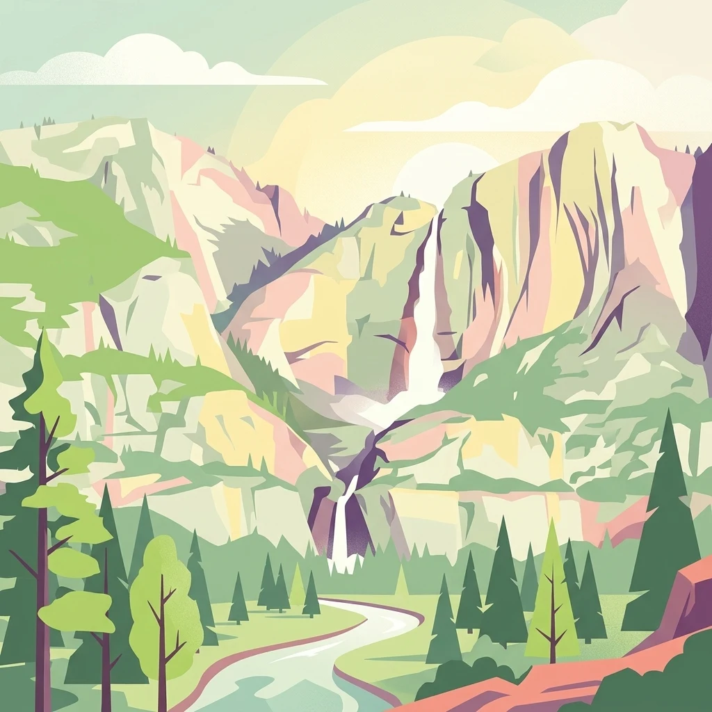 A flat-style digital illustration showing a winding river flowing through a forested valley toward a tall cliff face with waterfalls, under a soft pastel sky.