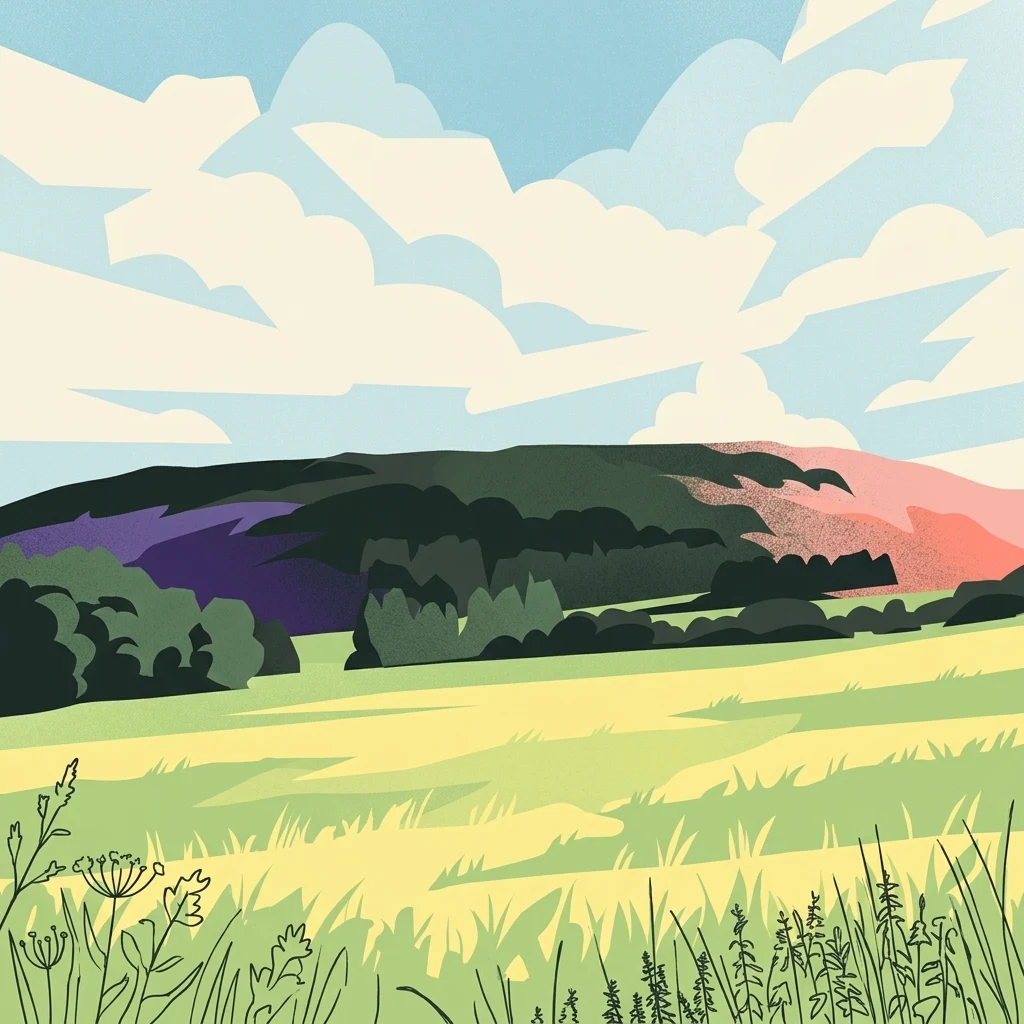 A colorful digital illustration of a green meadow in the foreground with rolling wooded hills in the background under a blue sky with stylized white clouds.