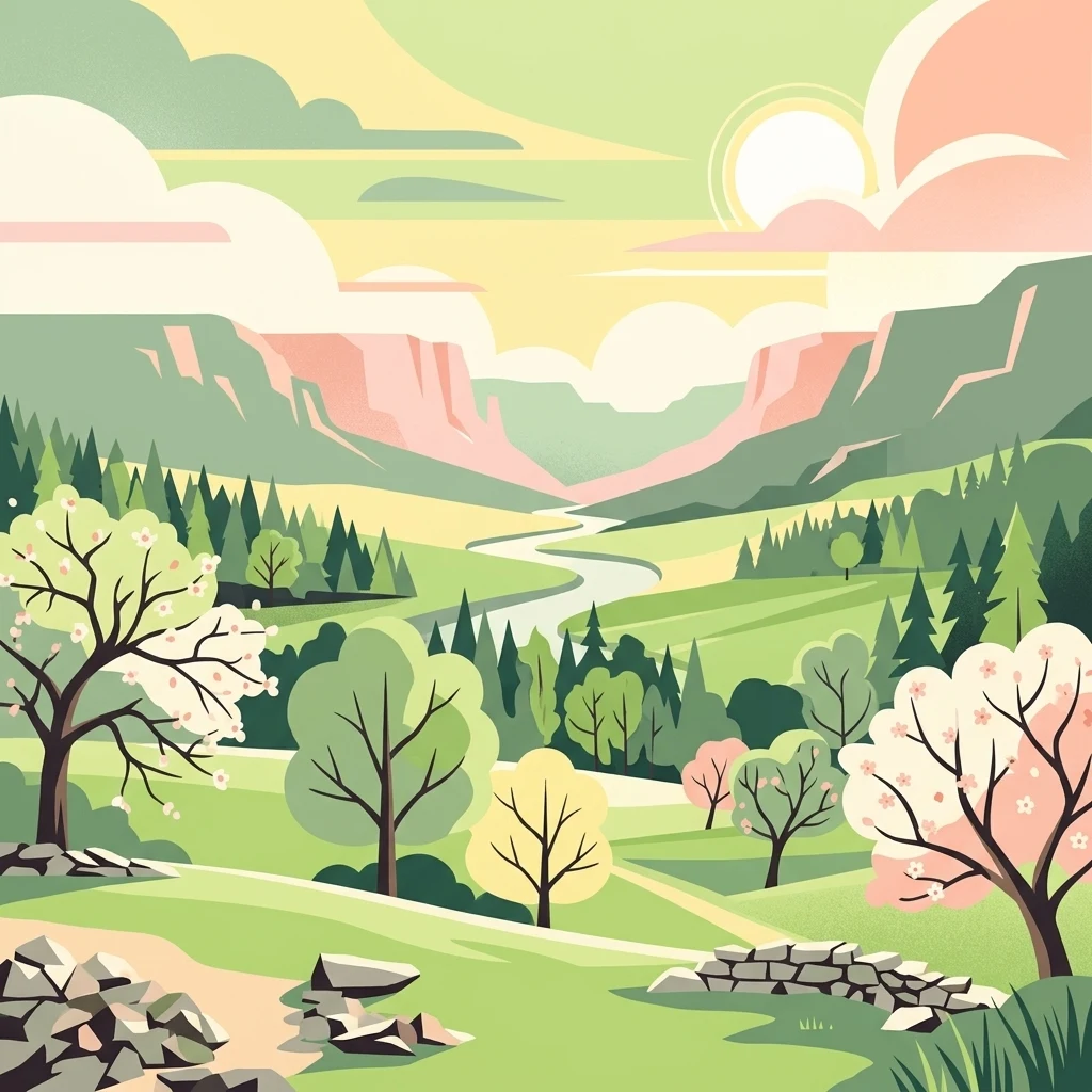 A flat-style digital illustration of a valley landscape featuring soft pastel colors, green meadows, blooming trees, a winding river, and distant hills under a warm sky.