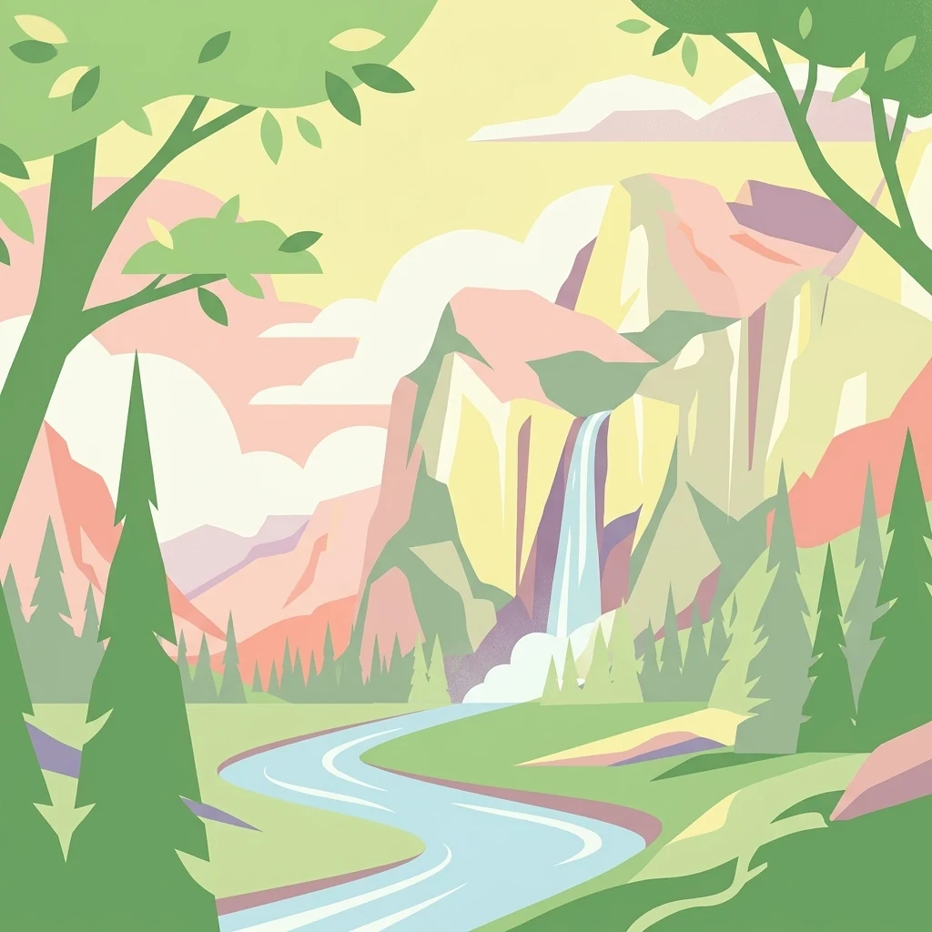 A flat-style digital illustration showing a mountain valley with a waterfall in the center, a winding river in the foreground, and evergreen trees.