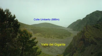 Panoramic landscape view of Valle del Gigante with Colle Umberto mountain at 886 meters, surrounded by rocky hills and trees in Vesuvius National Park