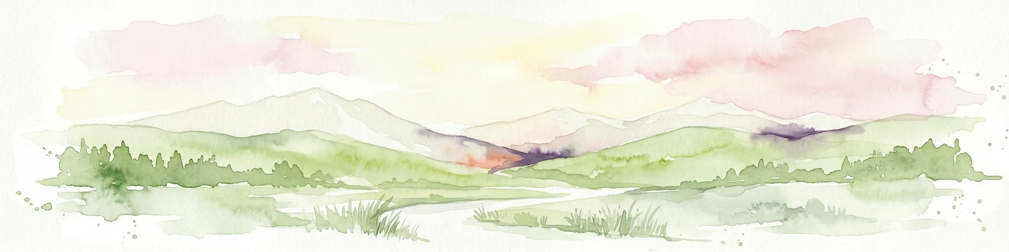 Ilustración en acuarela de un paisaje montañoso con colinas verdes, un valle con un río y montañas distantes bajo un cielo rosa y amarillo