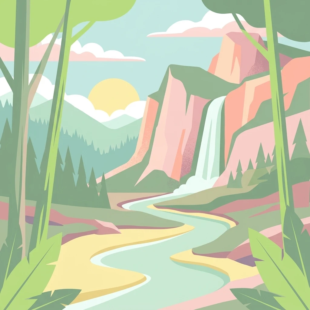 A flat-style digital illustration depicting a winding brook flowing through a forest valley toward a waterfall cascading down a cliff face beneath a yellow sun.