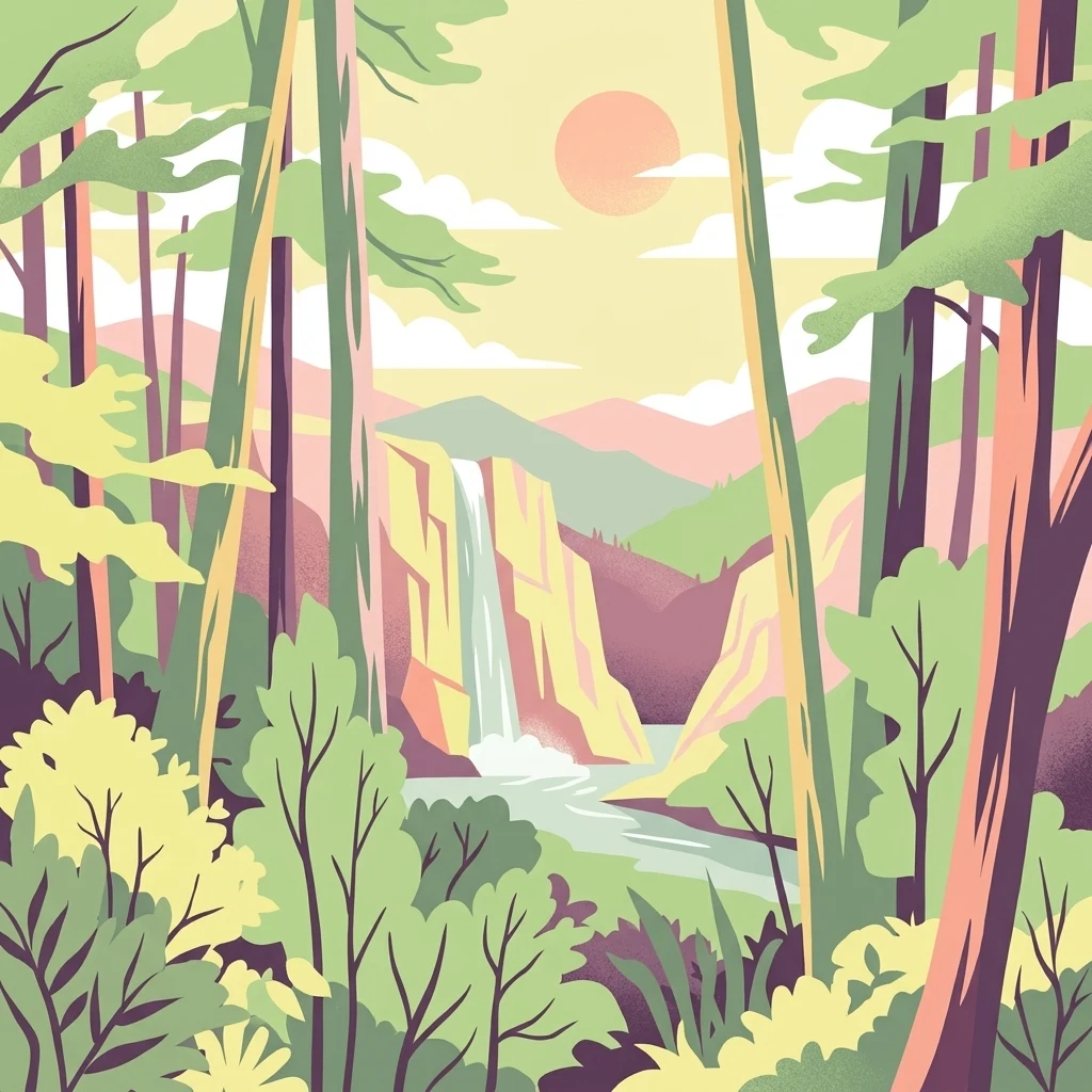 Una ilustración plana estilizada de un bosque soleado con árboles altos en primer plano y una cascada que fluye hacia un río entre colinas rocosas en la distancia.