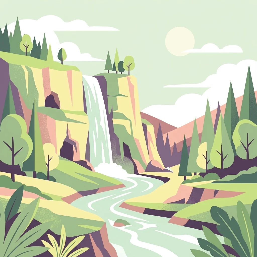 A stylized vector illustration featuring a waterfall cascading from a cliffside table mountain into a river, surrounded by pine trees, shrubs, and grassy slopes under a pale sun.