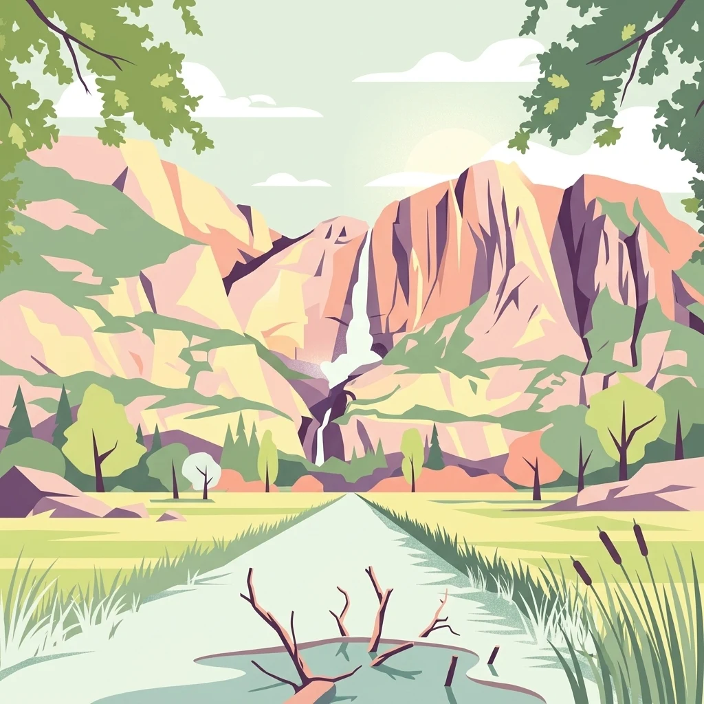 A flat vector-style illustration of a dramatic landscape featuring a central waterfall cascading between tall rocky cliffs, with a foreground stream, marshy vegetation, and scattered trees under a pale sky.