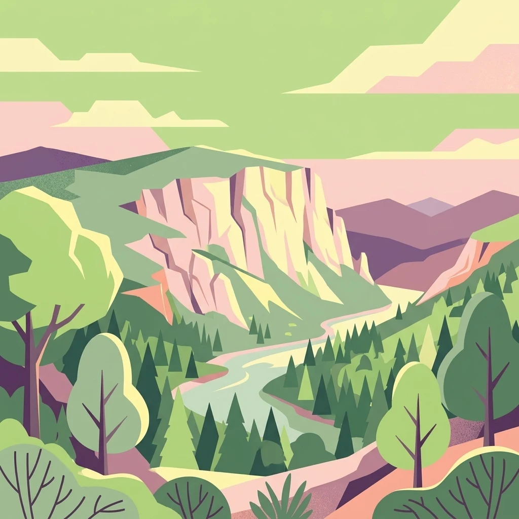 A stylized, flat vector illustration of a river flowing through a lush, forested valley flanked by rocky cliffs under a pastel-colored sky.