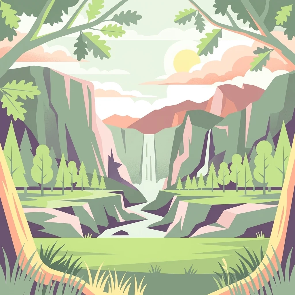 A flat-design illustration showing a lush valley framed by trees in the foreground, with steep rocky mountains, evergreen trees, and a waterfall flowing down into a river in the background under a pale sun.