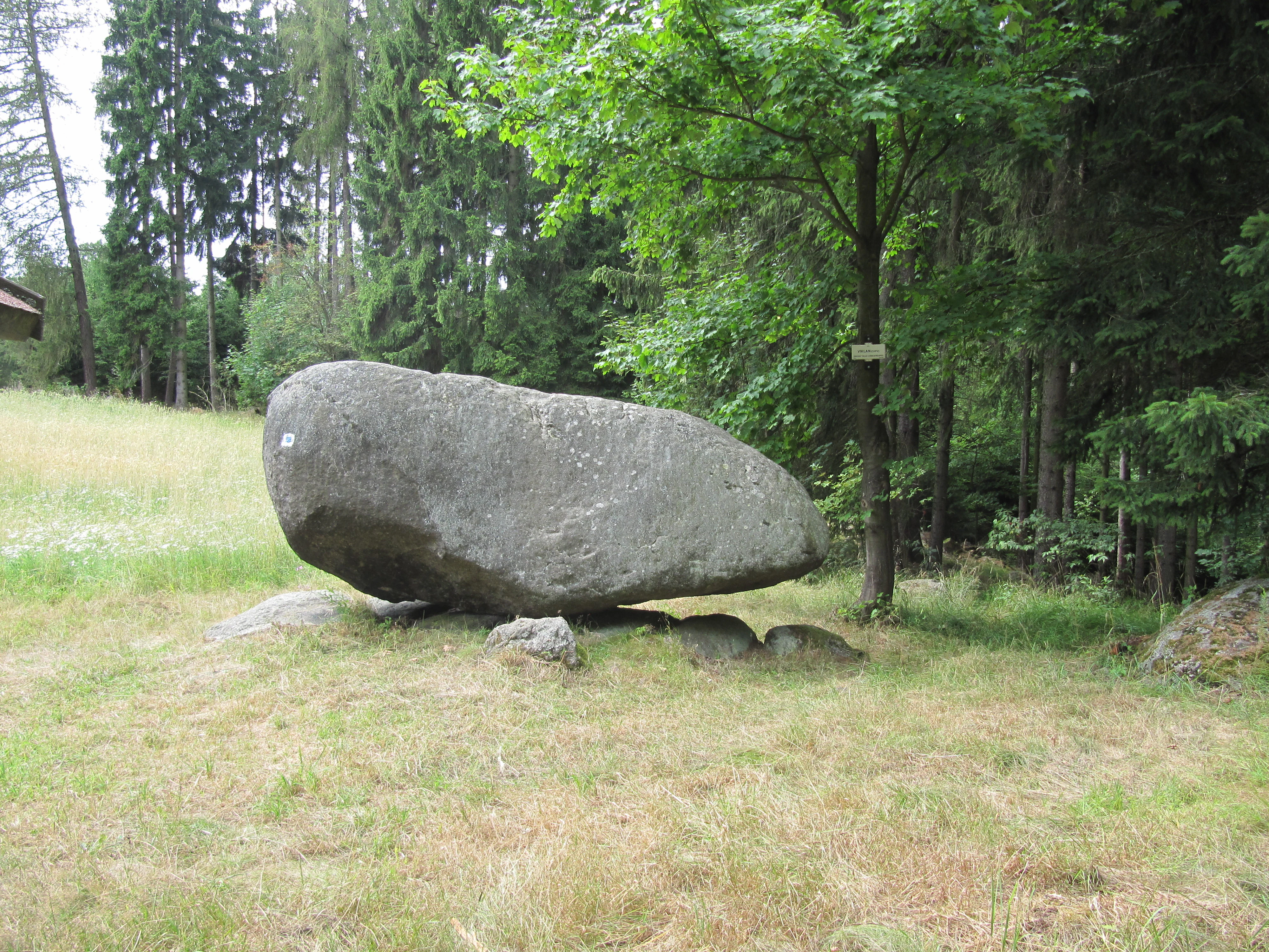 A large grey granite boulder balanced on smaller stones in a grassy clearing at the edge of a forest.