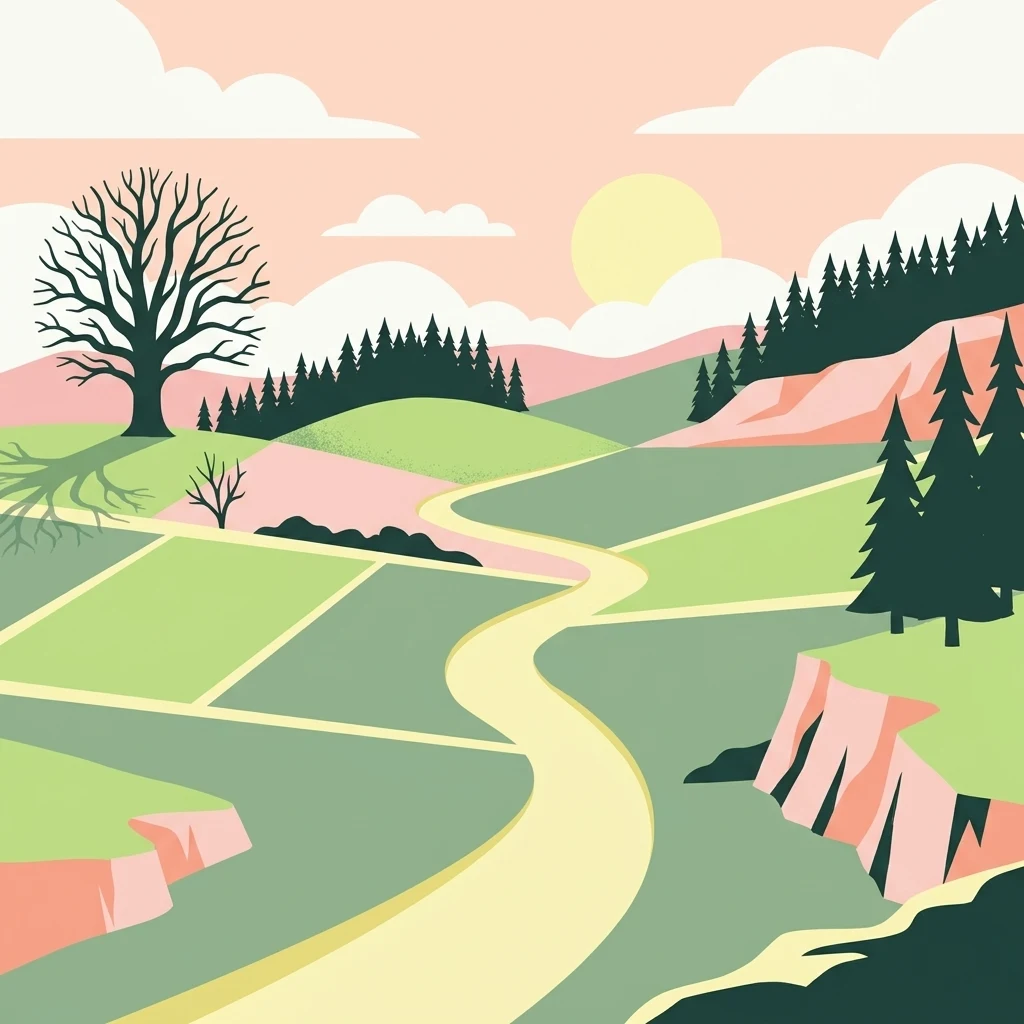 A flat-design illustration of a rural landscape with light green fields, a winding path, coniferous trees, and a lone deciduous tree under a pale sun.