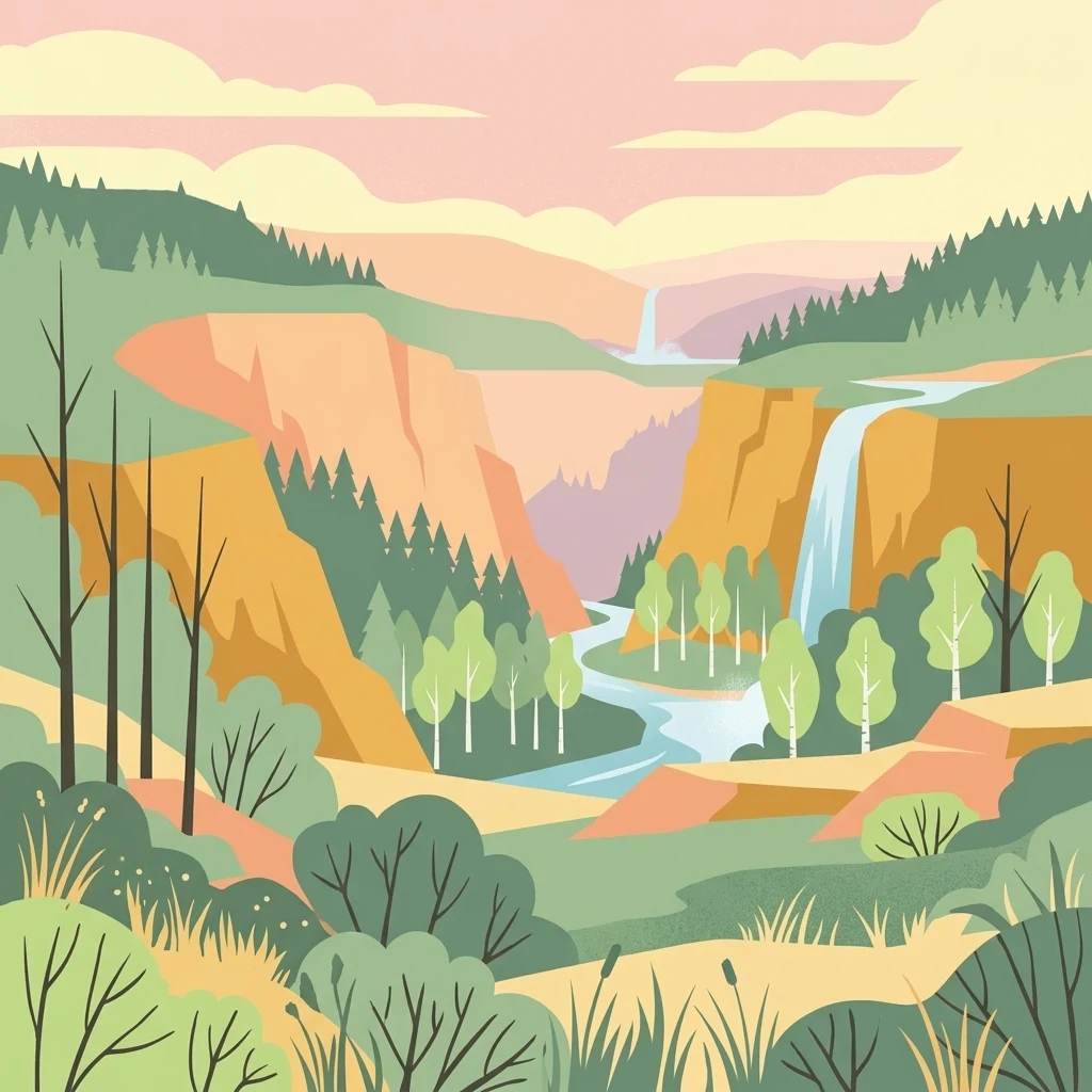 A flat vector art illustration depicting a canyon landscape with layered cliffs, coniferous trees, a winding river, and two visible waterfalls under a soft sky.