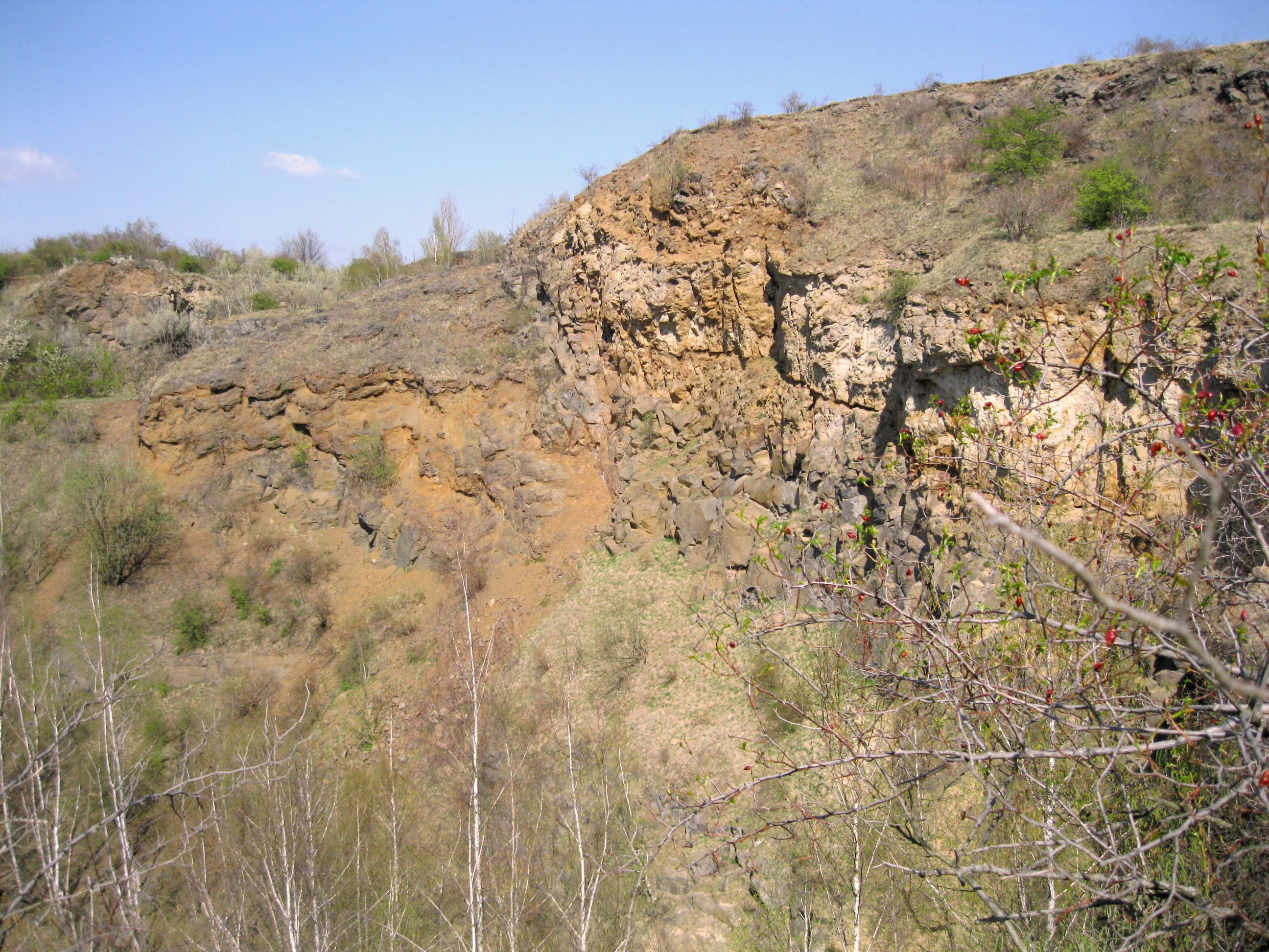 A wide shot of a rocky cliff face in an abandoned quarry, with sparse vegetation on the slopes and a blue sky above.