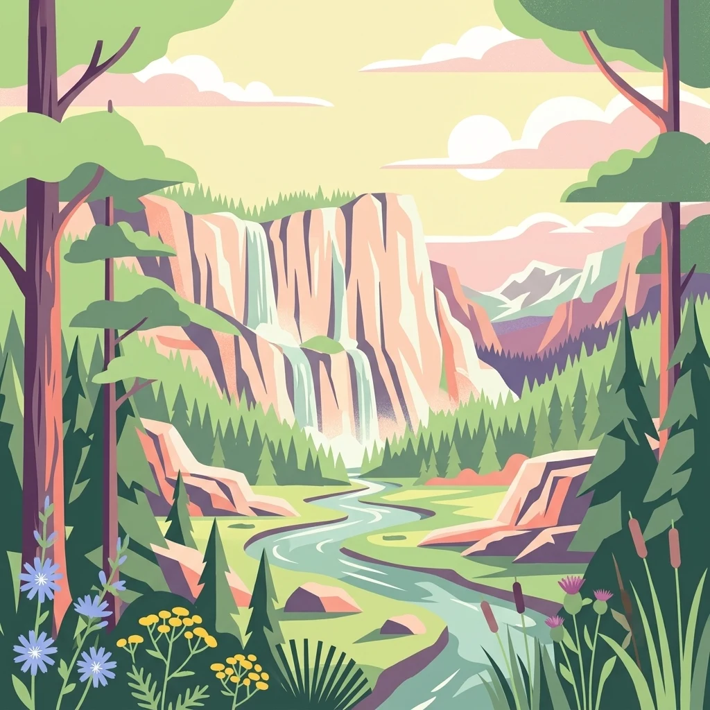 A colorful digital illustration showing a river winding through a valley towards tall cliffs with waterfalls, framed by forest trees and wildflowers in the foreground.