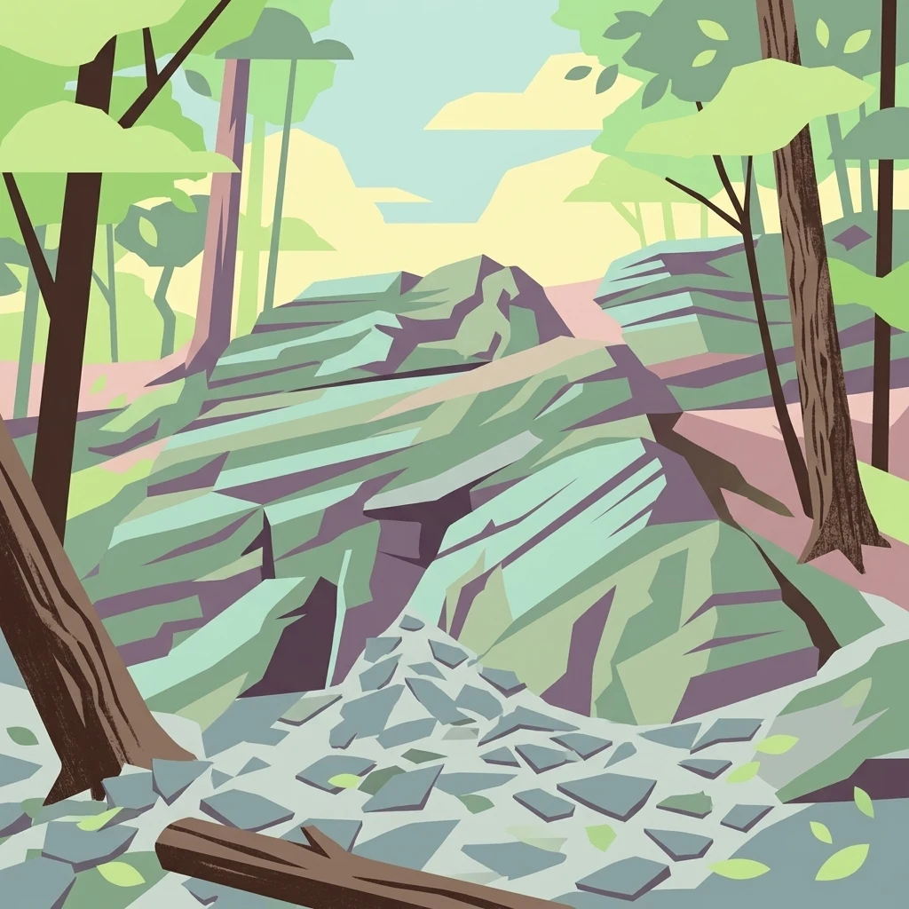 Una ilustración gráfica que muestra un terreno rocoso en un bosque con árboles y un suelo cubierto de escombros.