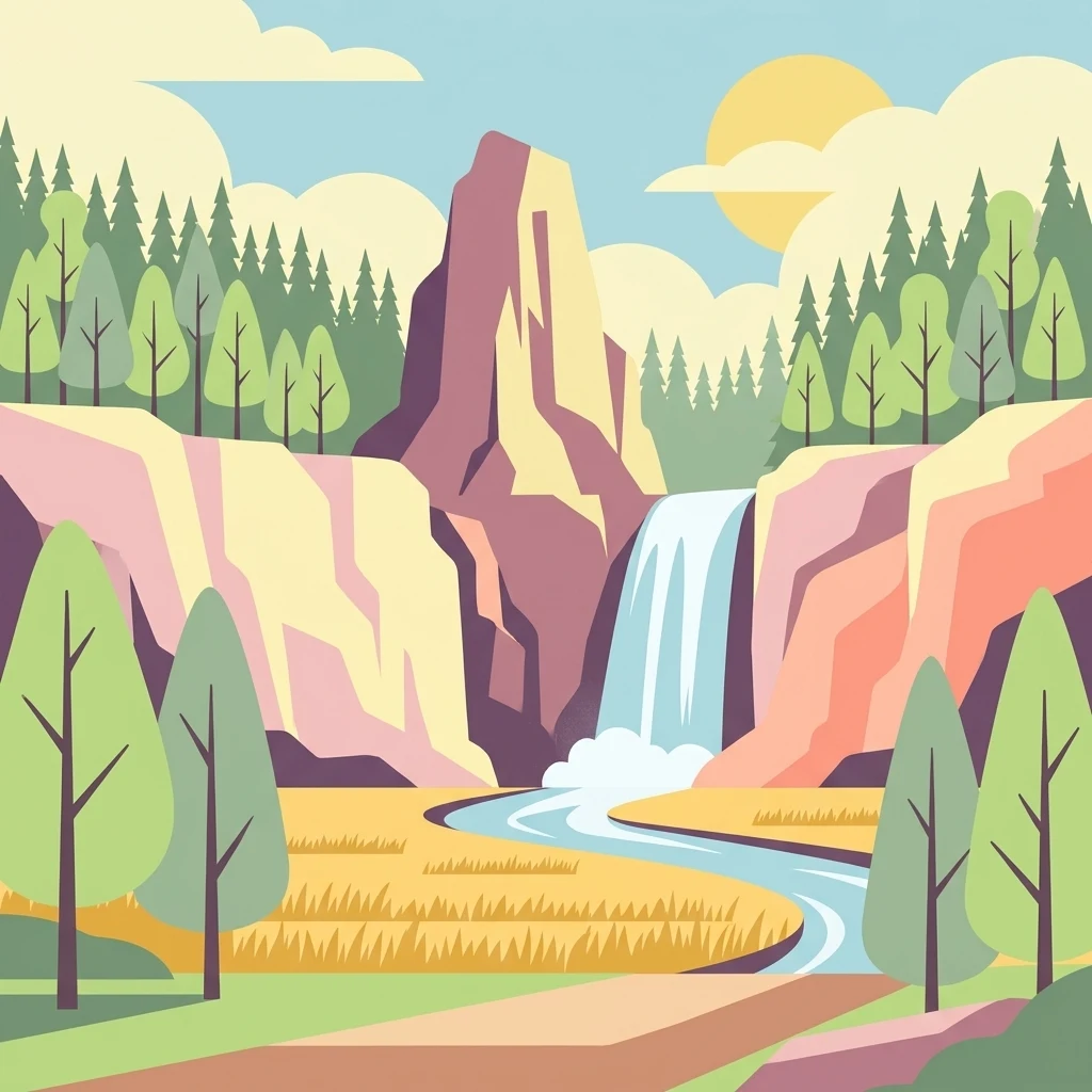 A flat vector-style digital illustration showing a valley with a central waterfall flowing into a river, surrounded by pine trees and rocky cliffs.