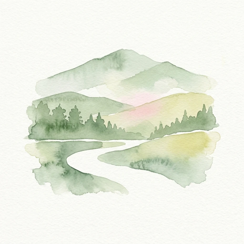 Watercolor illustration depicting mountains, forests, a river, and hills