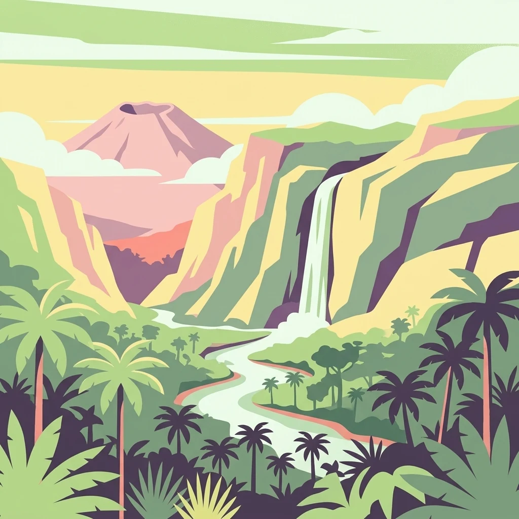 Ilustración estilizada que muestra una cascada, montañas, palmeras y un río en un paisaje tropical