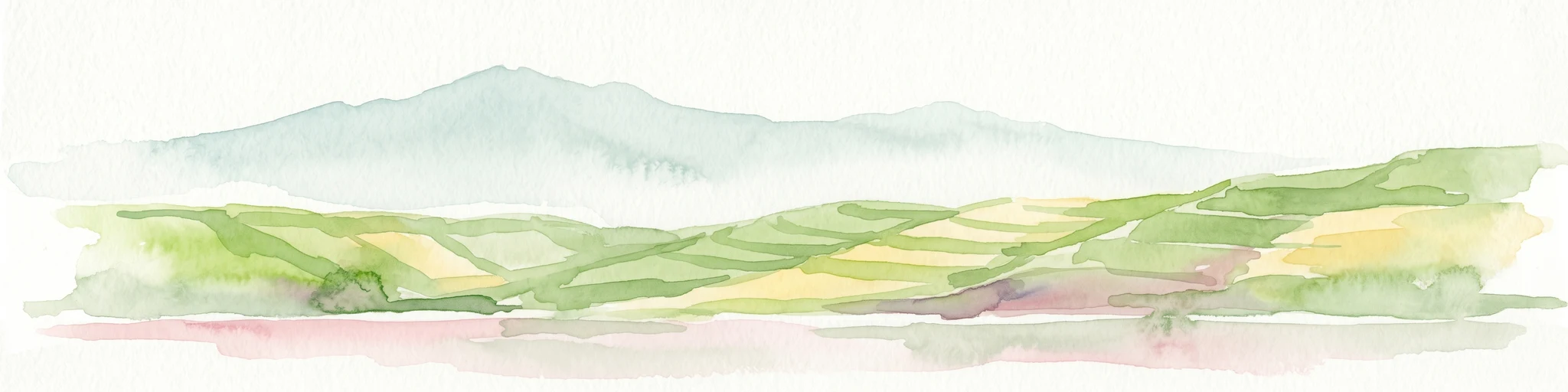 Watercolor illustration of rolling hills, mountains, and a river or lake