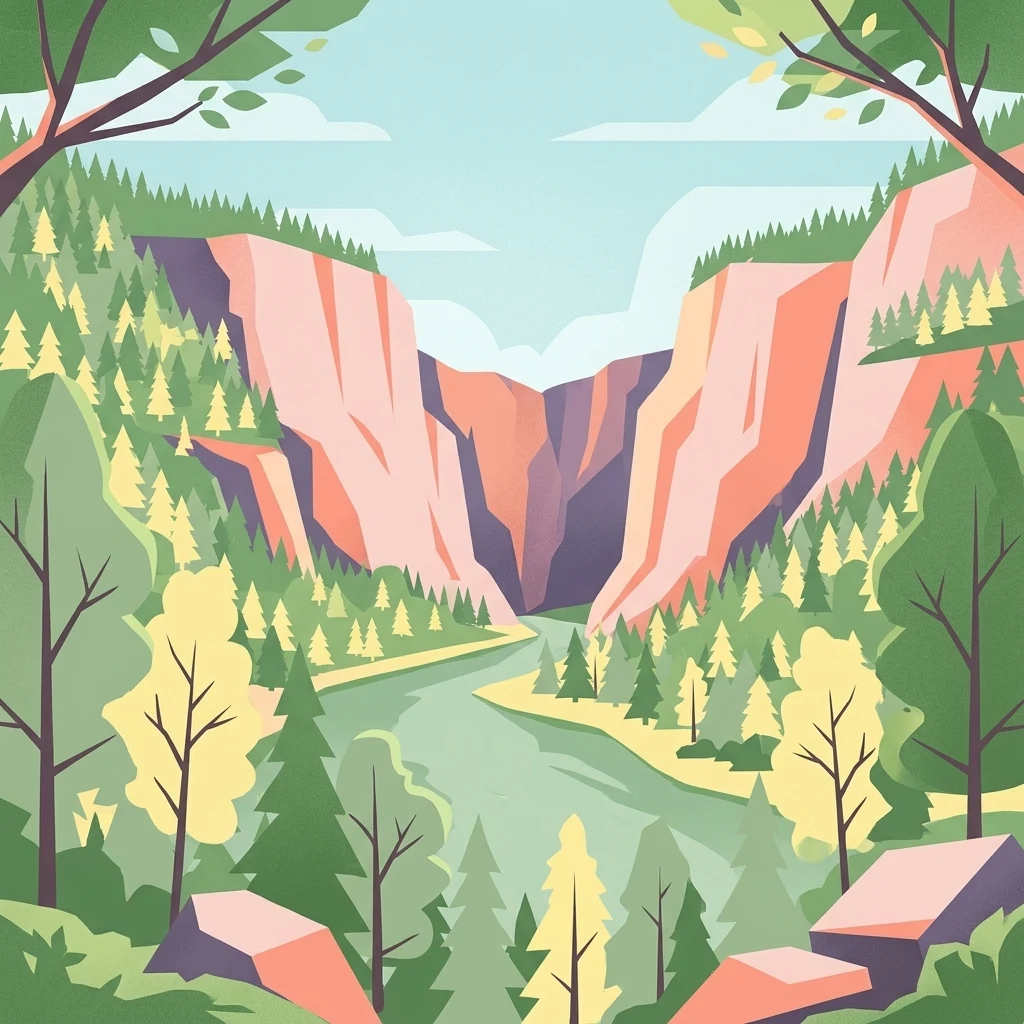 A flat-style digital illustration depicting a winding river flowing between steep, pinkish-toned rocky cliffs, surrounded by a forest of stylized pine and deciduous trees under a clear sky.