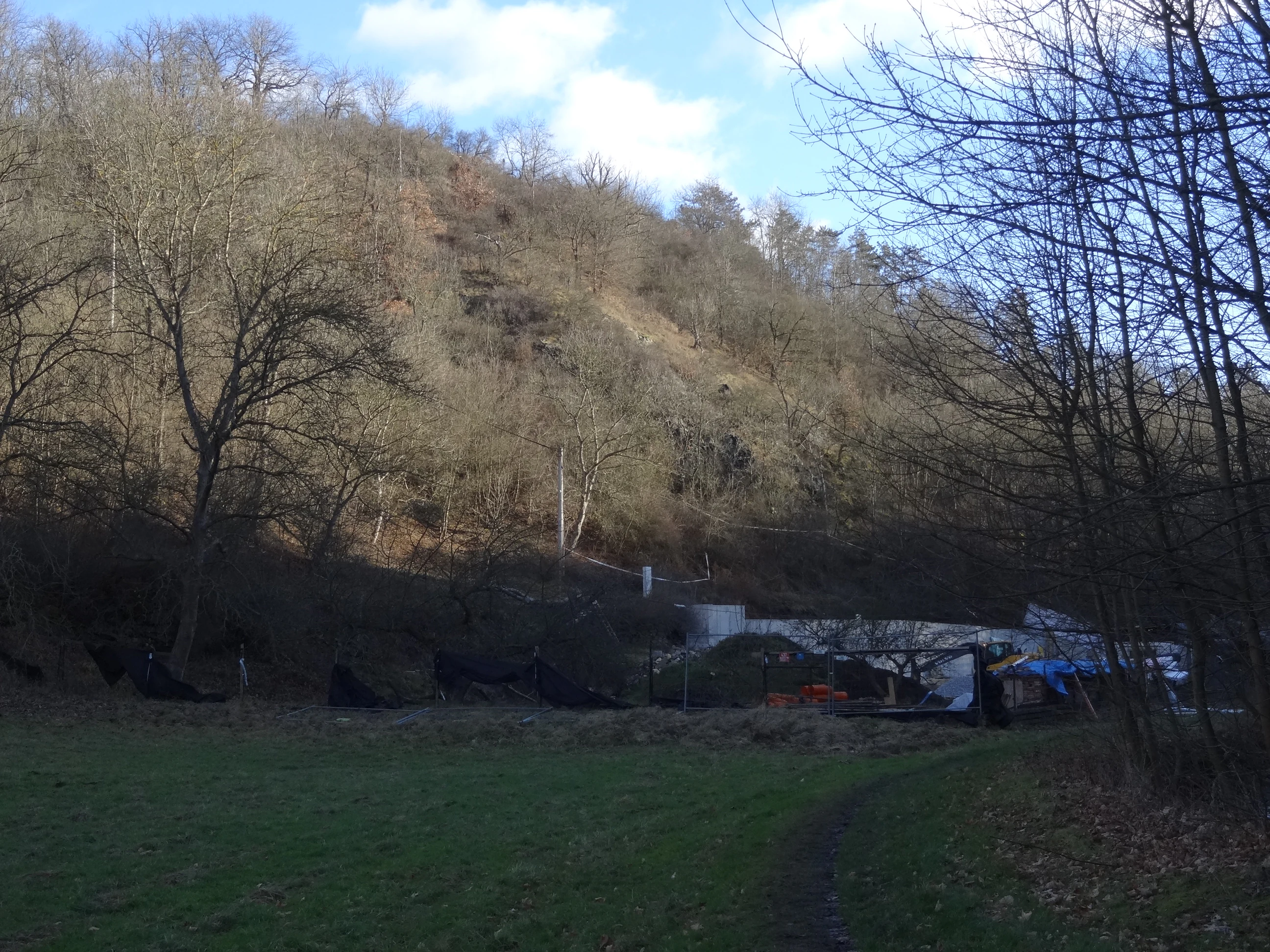 A sloped, deciduous wooded hillside rises above a field in winter, with a low cleared area and remnants of construction or demolition visible in the foreground.