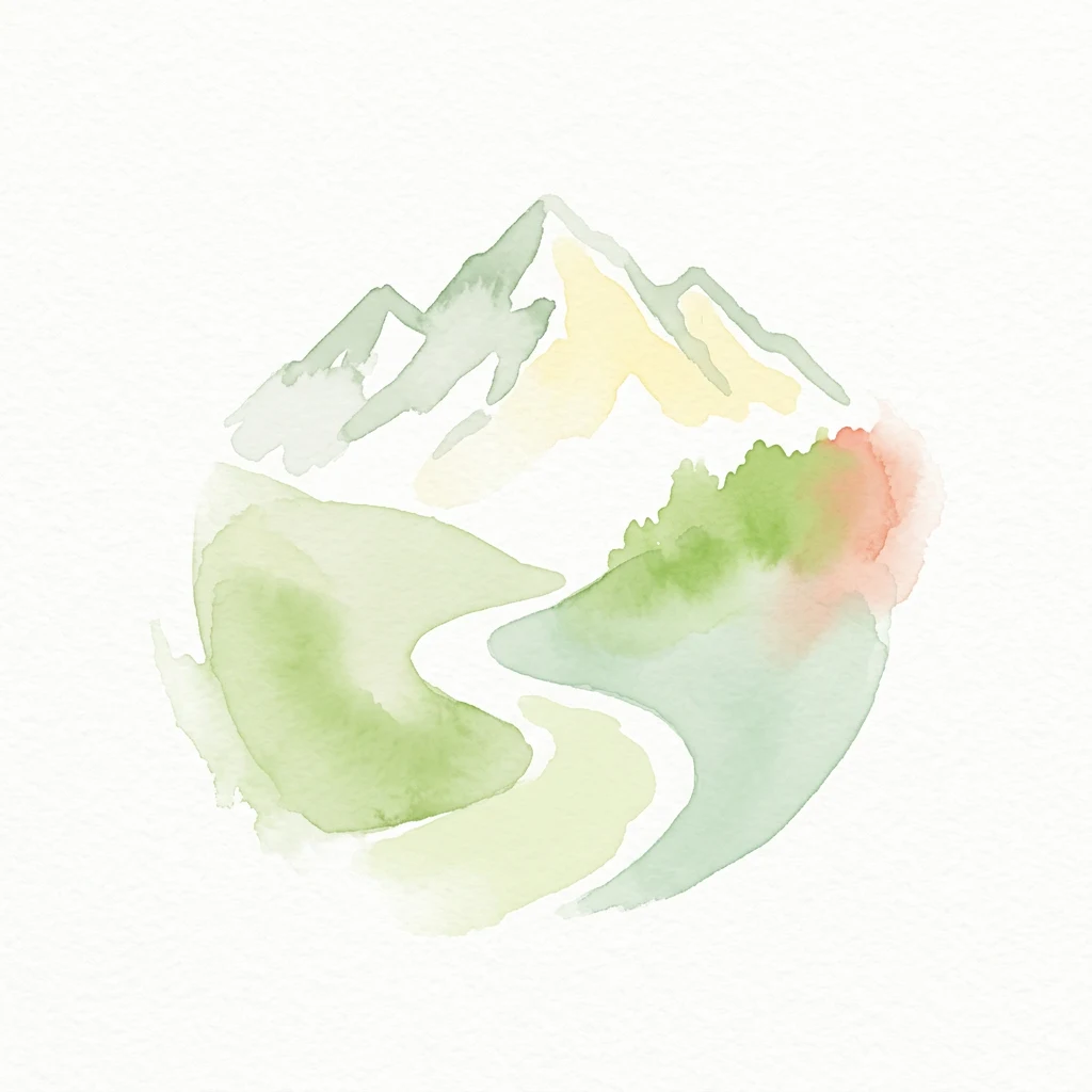 Ilustración en acuarela de un río sinuoso que fluye a través de un paisaje montañoso con acentos verdes y rojos